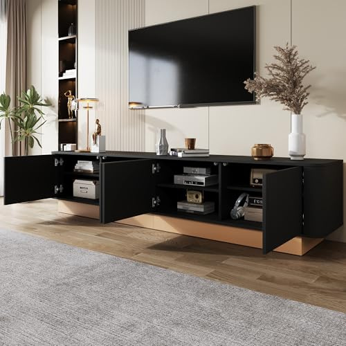 ECLIVON TV-Schrank Fernsehschrank mit Texturfront, Fernsehtisch 200 cm lang für Fernseher von 70 bis 85 Zoll, Wohnzimmerschrank Lowboard TV Board mit 4 Türen, Sideboard für Wohnzimmer (Schwarz)