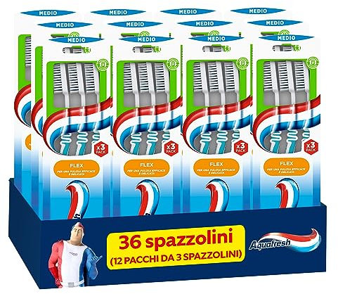 Aquafresh Interdental Flex Tris, Spazzolino Igiene Dentale con Flex-Zone e Setole Arrotondate, Denti Puliti e Gengive Sane, Setole Medie, Pacco da 12 spazzolini