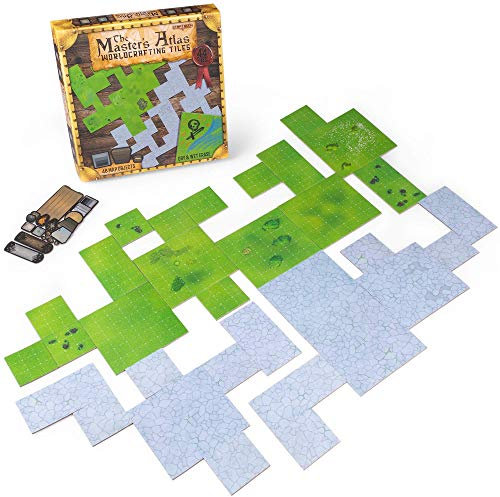 The Master's Atlas (Grass/Stone) | 44 azulejos reversibles de borrado en seco y húmedo | 48 fichas de objetos de mazmorra: tesoro, puertas, escaleras y más | Alfombra de juego de rol RPG para juegos
