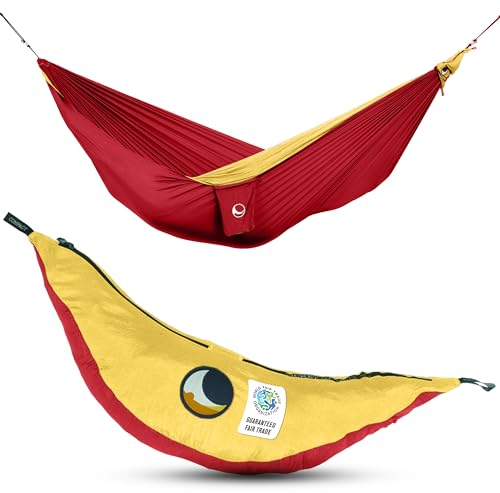 Fallschirmhängematte Original - Das Original seit 1996 | Burgund/DUNKELGELB | Multitalent und Leichtgewicht | 320 x 200 cm, nur 600 g | Schneller Aufbau < 1min | Camping, Hängematte