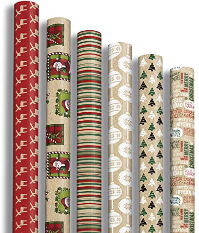 Clairefontaine 211421AMZC - Un Carton De 12 Rouleaux De Papier Cadeau - Papier Kraft Vergé 60g - Dimensions : 2x0,70m - Motif : Kraft, Noël, Boules, Sapins, Cerfs - Emballage Cadeau