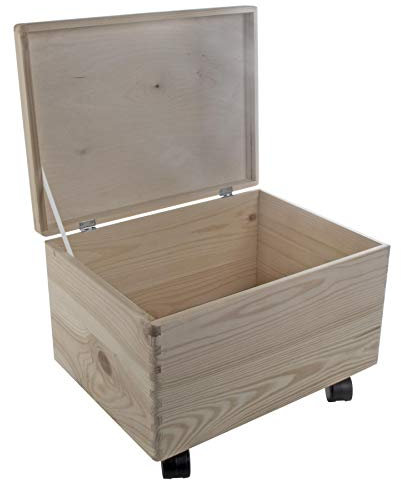WooDeeDoo Large Deep Wooden Storage Box on Wheels – Hinged Lid Unpainted Pine Crate to Decorate – Rolling Keepsake Craft Chest 6L - Container for Memory Organisation – 40 x 30 x 28 cm