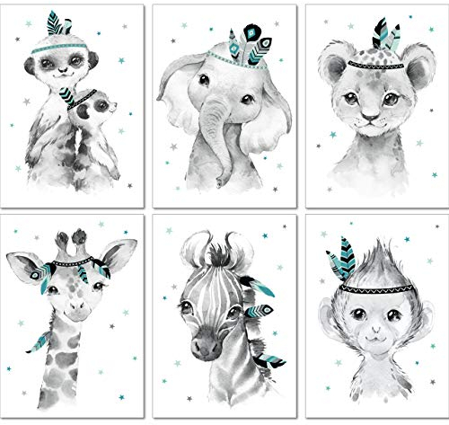 LALELU-Prints Bilder Kinderzimmer Poster Babyzimmer Deko Mädchen Jungen Kinderbilder Set Kinderzimmerbilder (Indianer mint 6er Set)
