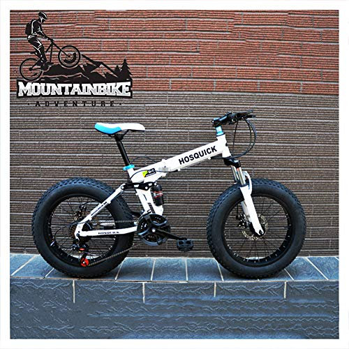 NENGGE Vollfederung MTB Faltbare 20 Zoll, Jugend Herren Damen Mountainbike mit Scheibenbremsen, Fette Reifen Fahrräder, Rahmen aus Kohlenstoffstahl, Geeignet ab 130-180 cm,Weiß,7 Speed
