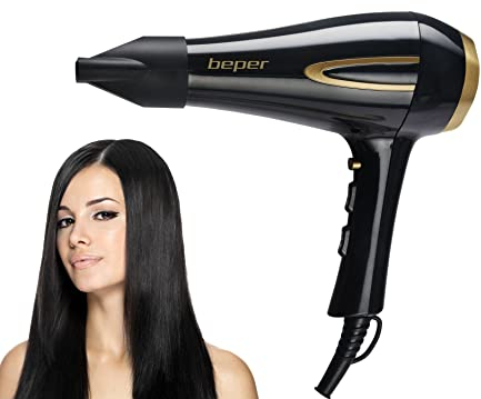 BEPER P301ASC001 Professioneller Haartrockner, AC-Motor, ABS, 2200 Watt, wählbare Einstellungen, 3 Temperaturen, 2 Geschwindigkeiten, inkl. Styler, Schwarz/Gold