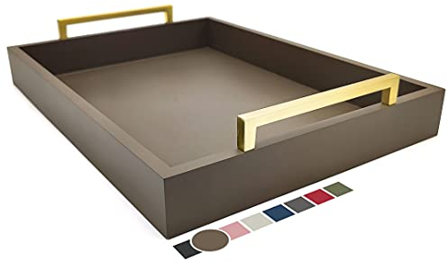 Montecito Home Dekoratives Couchtisch-Tablett – Ottomanen-Tablett – Frühstück, Getränke, Likör-Servierplatte – vom Bauernhaus bis modern – mattes Finish – champagnerfarbene Griffe – Mokka