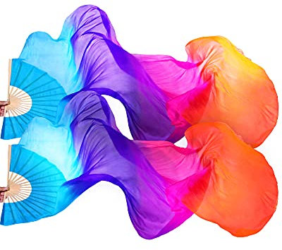 Jetec (Left + Right Women Belly Dance Fan Veil Long Silk Fan, Blue, Purple, Orange, 70.7 inch/ 180 cm