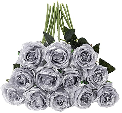 Tifuly 12 PCS Künstliche Rosen, 19,68 '' Single Long Stem Fake Rose Seide Braut Hochzeitsstrauß Realistische Blume für Hausgarten Party Hotel Büro Dekor (Blossom Roses, Silber)