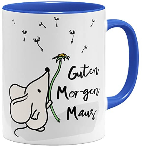 OM3® Guten Morgen Maus Tasse mit Spruch Statement - Keramik Becher - 325ml - Beidseitig Bedruckt - Blau