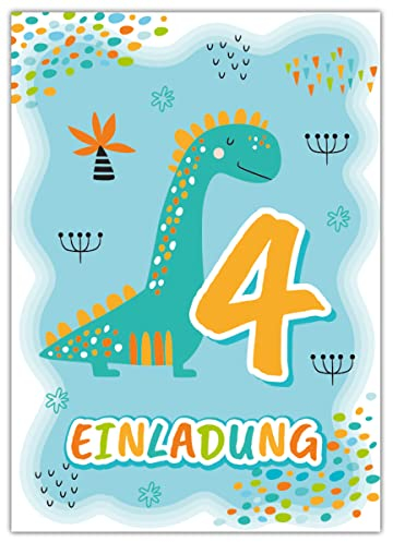 12 Einladungskarten zum 4. Kindergeburtstag vierte Geburtstag Jungen Dino Dinosaurier Geburtstagseinladungen