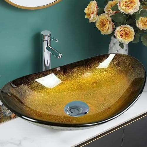 BELOFAY Oval Gold Modern Design Bathroom Counter Top Wash Basin Sink, Glass Bowl Cloakroom Basin for Vanity Cabinet, Toilets and Bathrooms 54x13x36cm WxHxL