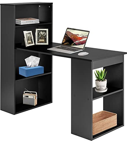 CASART 122CM Computer Desk Bookshelf, Wooden Writing Table with 6 Storage Shelves, Home Office Study Desk PC Laptop Table Workstation (Black)