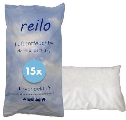 reilo Lavendelduft 15x 1kg Luftentfeuchter Granulat, Nachfüllpack | Calciumchlorid-Granulat im Vliesbeutel gegen Feuchtigkeit & Schimmel, mit frischem Lavendelduft – für Wohnraum & Keller