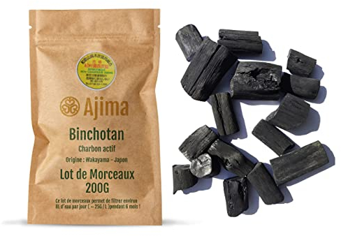 Ajima Binchotan 200G Morceaux - Purificateur d'eau Végétal Naturel - Charbon Actif Bio pour Eau - Bois de Chêne Vert Japonais de Wakayama Certifié - Idéal pour Filtrer l'eau en Carafe