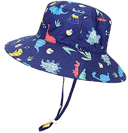 LACOFIA Sombrero de Sol Bebé Gorro Verano para Niños Sombrero Playa de ala Ancha UPF 50+ Proteccion Solar con Correa Ajustable para Barbilla Dinosaurio Marino 6-12 Meses