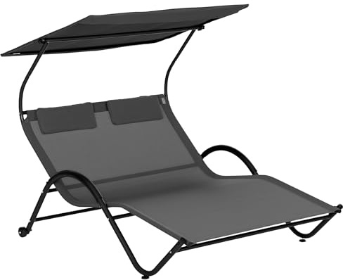 Outsunny Sonnenliege 2-Sitzer Sonnenliege mit verstellbarem Dach Kopfstütze und Rollen aus Stahl und Polyester ABM. 200L x 137l x 138H cm dunkelgrau