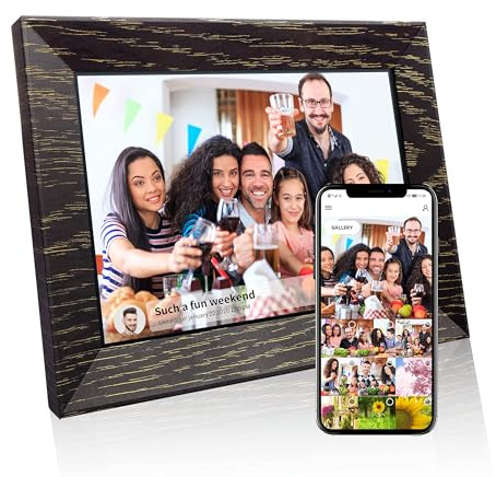 BYYBUO 7 Zoll WLAN Digitaler Bilderrahmen, 1024 * 600 IPS Touchscreen Digitaler Bilderrahmen, 16G-Walnuss, Teilen Sie Fotos oder Videos über die Frameo APP