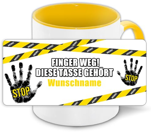 Tasse personalisiert mit Namen und Motiv Finger weg, diese Tasse gehört ... | Büro-Tasse mit Wunschnamen | Bunter Kaffee-Becher gelb