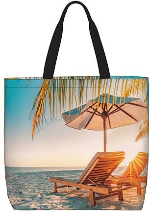 TRESILA Tote Bags Wiederverwendbare Einkaufstasche Handtaschen Für Frauen Umhängetasche Große Lebensmittel Aufbewahrungsbeutel 50 X 40 X 15 Cm - Dunkelblaue Schmetterlinge, Liegestühle am Strand im