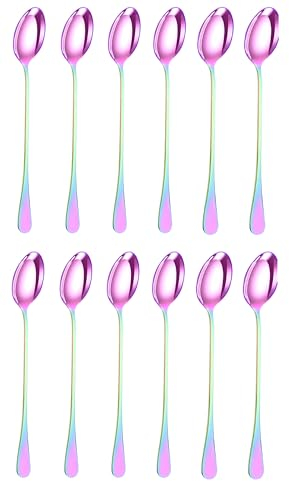 PEBBLE HUG 12 Pcs Rainbow Long Handle Latte Iced Tea Spoon, Coffee Spoon, Ice Cream Spoon, Stainless Steel Cocktail Stirring Spoons(Set of 12)