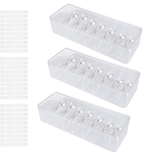 APACALI 3 Stück Kabel Aufbewahrungsbox, 8 Fächer Abziehbare Kabelaufbewahrung, Kabel Organizer Box mit Deckel und 30 Kabelbindern, Kabelmanagementboxen-Set für Arbeitsplatte Organizer