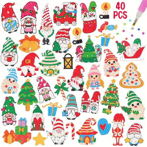 CAYUDEN Diamond Painting Aufkleber, 40pcs 5D Weihnachten Diamant Painting Stickers Kinder DIY Diamond Painting Kit Kinder Weihnachten Diamant Malerei Aufkleber für Christmas Gastgeschenk Dekoration