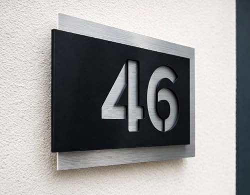 Premium Hausnummer | Wetterfest Rostfrei | Individuell anpassbar | Aluverbund silber gebürstet und Acrylglas | 3D Effekt | Wetterfest | Art.Nr. H1001 (Schwarz Matt)