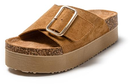 JOMIX Verstellbarer Rieme Sandalen Damen Sommer Leder Clogs Bohemia Flach Strandsandalen Pantoletten Plateau Römersandalen (Braun, 37 EU, SD9168)