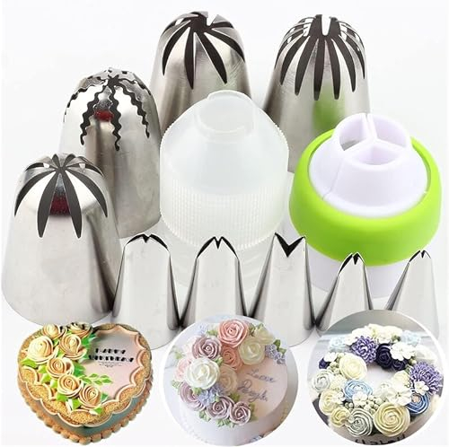 BKEKM Boquillas para Manga pastelera de Acero Inoxidable, 11 Uds., Boquilla Grande para Manga pastelera de Crema Rosa, acoplador, Kit de boquillas para decoración de Magdalenas