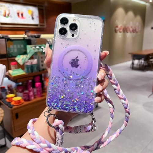 FIFTHAVE Handykette Handyhülle iPhone 13 pro Glitzer Hülle mit Band Kompatibel mit MagSafe Necklace Schutzhülle mit Kordel Transparent Bling Case TPU Bumper für iPhone 13 pro 6.1'' Lila