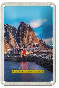 FEMER Blechschild Reise 12x18cm Skandinavien Gebirge Meer rote Häuser Schild