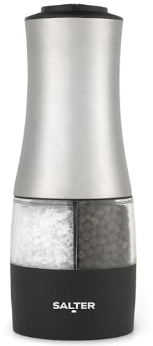 Salter BW12944EU7 Duo Electric Salt & Pepper Mill – Push Button Operation, One Handed Use, Adjustable Grind, Ceramic Mechanism, Space Saving, Clear Acrylic Window, Easy Use, Base Cap for Freshness