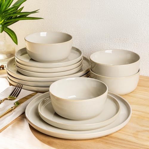 AmorArc Set di stoviglie in gres porcellanato per 4, piatti e ciotole rotondi in ceramica smaltata, altamente resistenti ai graffi, lavabili in lavastoviglie e adatti al microonde, servizio per 4 (12