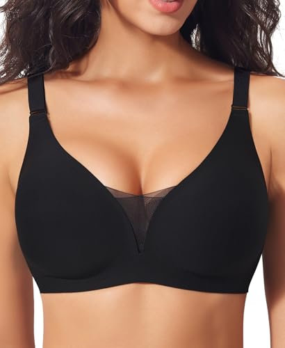 Ganado Modischer Mesh BH Damen Nahtloser BH ohne Bügel Bequem BHS Tiefem V-Ausschnitt Bügellos BHS Soft Bra Gepolstert Bralette (Schwarz, 2XL)