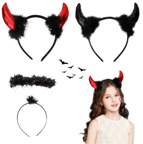 WELLXUNK Bandeaux Demon Bandeaux Anges Auréole, 2 Pièces Oreilles Diable Bandeau + 1 Bandeaux Ange Halo, Bandeau de Corne Démon pour Fête Halloween Ornement Accessoire Enfant Adult Cosplay