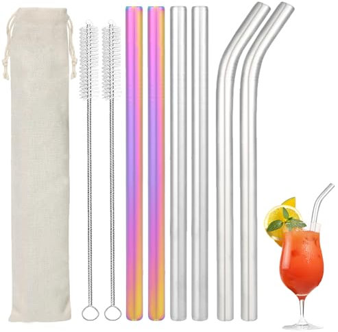 Metal Wide Straws Drinking 6packs, Stainless Steel Straws Reusable for Milkshake, Boba, Bubble Tea, Smoothie, Long Bendy Straws Set with Cleaning Brush Included