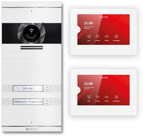 Metzler VDM10 2.0 Video Sprechanlage Komplett Set mit austauschbarem Namensschild - Anschluss 2-Draht - Türsprechanlage mit HD-Kamera und Bildschirm für 2 Familienhaus, in Weiß aus V2A Edelstahl