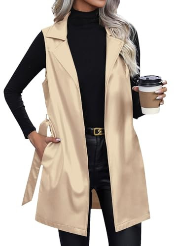 Leder Weste Damen Lang Lederjacke Damen Ärmellos Kunstlederweste Revers Ledermantel Motorradweste Mit Gürtel Übergangsjacke Mantel Winter Herbstjacke Frauen Damen-Westen Casual Trenchcoat