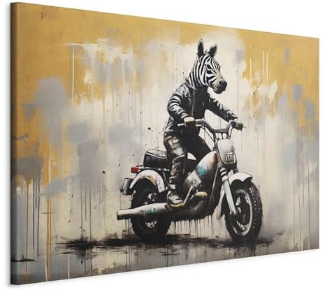 murando - Wandbilder XXL Banksy art 120x80 cm 1 tlg - Wand Deko Leinwand Bilder Groß Wanddeko Wohnzimmer Schlafzimmer Kunstdrucke - Abstrakt Tier Zebra auf einem Motorrad g-H-10081-b-a