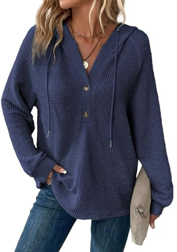 Cuptacc Hoodie Damen Oversize V Ausschnitt Knopfleiste Pullover Winter Damen Waffel Kapuzenpullover Kordelzug Casual Oberteile Damen Marineblau XL 46-48
