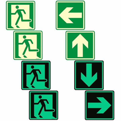 Cartello Uscita di Emergenza, Cartello Uscita di Sicurezza Luminoso, 8 Pezzi Cm 15x15 Uscita Adesivi Luminosi, Frecce Indicazione Direzione Uscita di Sicurezza, Impermeabili, Adesivo Super Attack