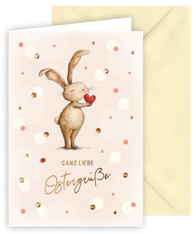 KE AV Osterkarte, Glückwunschkarte, mit Umschlag, vanille, Motiv: Herz, Punkte, Hase, Format: B6