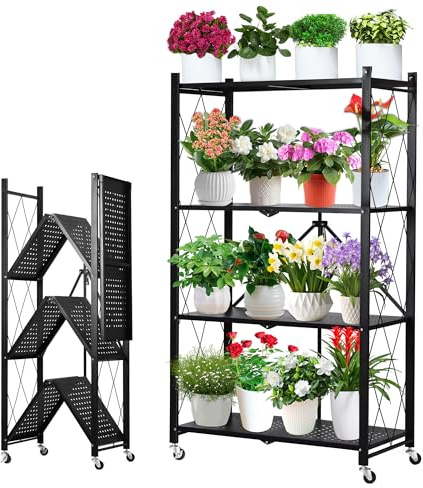 SERdeerCH 4Tier Metallisch Pflanzenregal,Blumenregal Klappregal,Mit Rollen | Stabile Eisenkonstruktion mit pulverbeschichtetem Schwarzton. Platzsparendes Design für Balkon, Wohnzimmer oder Garten