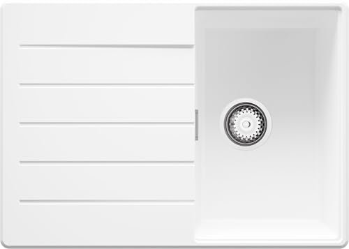 PRIMAGRAN Evier Cuisine en Granit Blanc 70x50cm, Lavabo 1 bac + Kit de Vidage, Évier à Encastrer al mueble 40cm - Copenhague S318