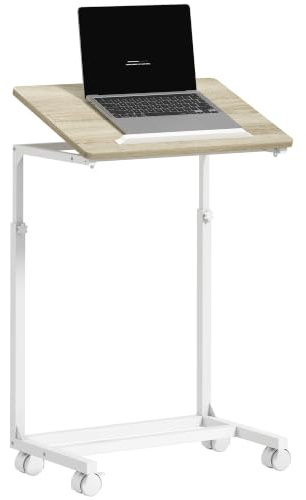 HOMCOM Table d'appoint à roulettes réglable en Hauteur chêne et Blanc | Plateau Inclinable, Bureau Mobile Portable en Forme de C, Bout de Canapé, pour Salon ou Chambre à Coucher