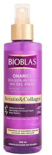 Bioblas Reparierender Flüssig-Conditioner mit Keratin & Kollagen, Volumen & Reparatur für geschädigtes, feines Haar, Anti-Haarausfall Formel, Leichteres Kämmen, 200 ml