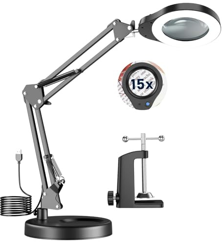 Drepint Lente Ingrandimento con Luce, 15X Lampada con Lente di Ingrandimento, 2 in 1 Lampada d'Ingrandimento Base Larga e Clip, 5 Modalità Colore, Lampada d'Ingrandimento Flessibile a Collo d'Oca