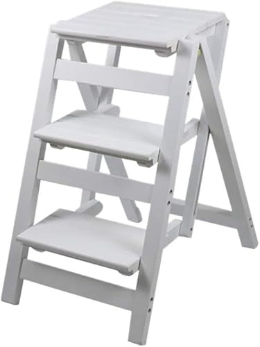 OIFAODAO Wooden Step Stool, 3-step Ladder Stool Multi-function Folding Stair Chair Dual-use Step Home Solid Wood st(White)