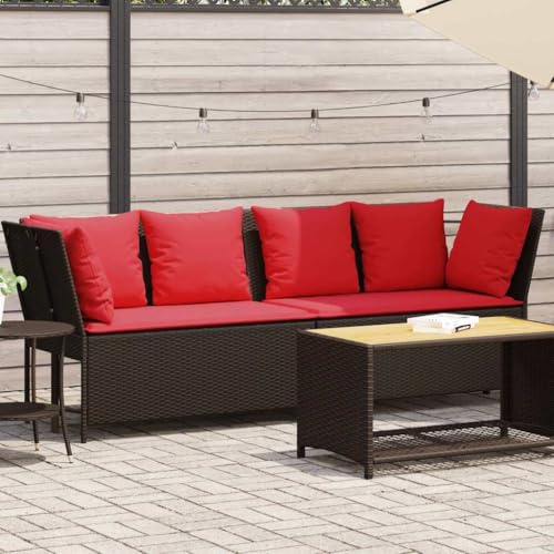 Fangmaliuyun Gartensofa Braun 233 cm Poly Rattan Ecksofa mit roten Kissen langlebig wetterfest modular für kleine Balkone Terrasse und Lounge