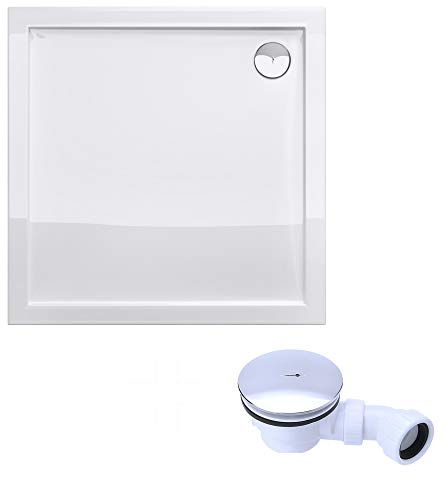 doporro Plato de ducha plano diseño Faro1W 75x75x4cm acrílico en blanco Cuadrado incl. válvula de desagüe AL02 adecuada para instalación a nivel del suelo y conexiones-DIN
